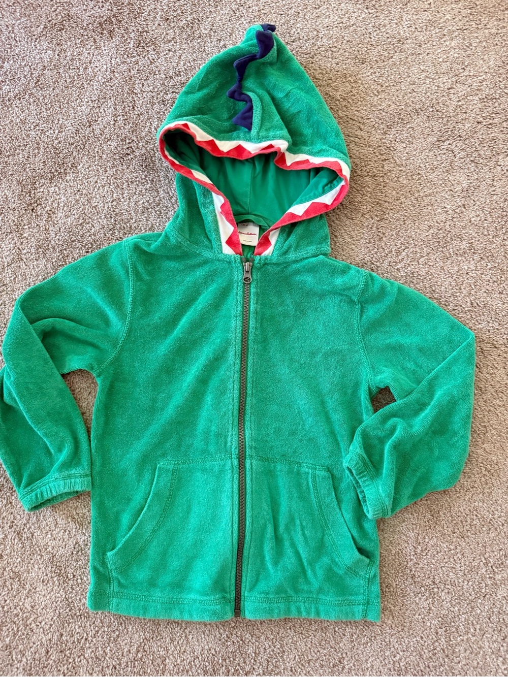 Hanna Andersson Kids Green Dino Terry Hooded Zip-Up Hoodie